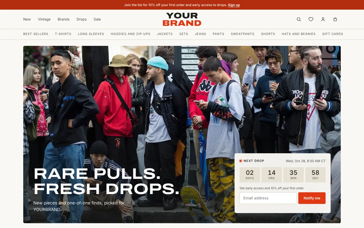 The YOURBRAND demo storefront with a drop countdown