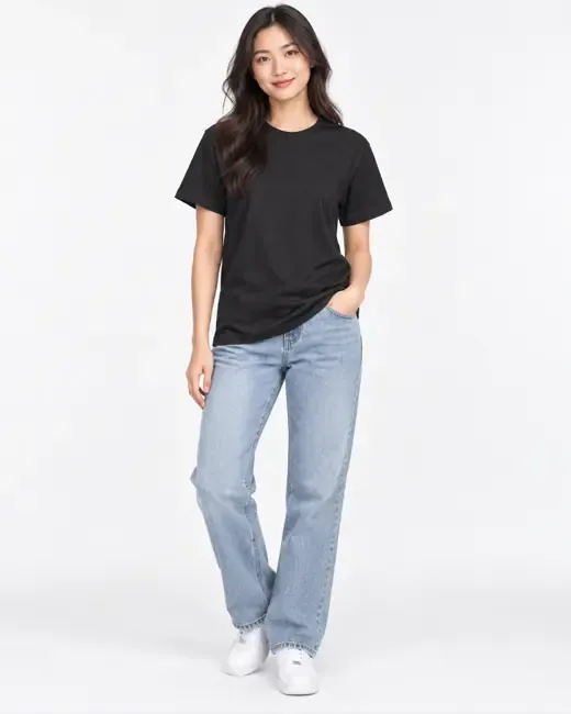 Black fitted tee with light jeans